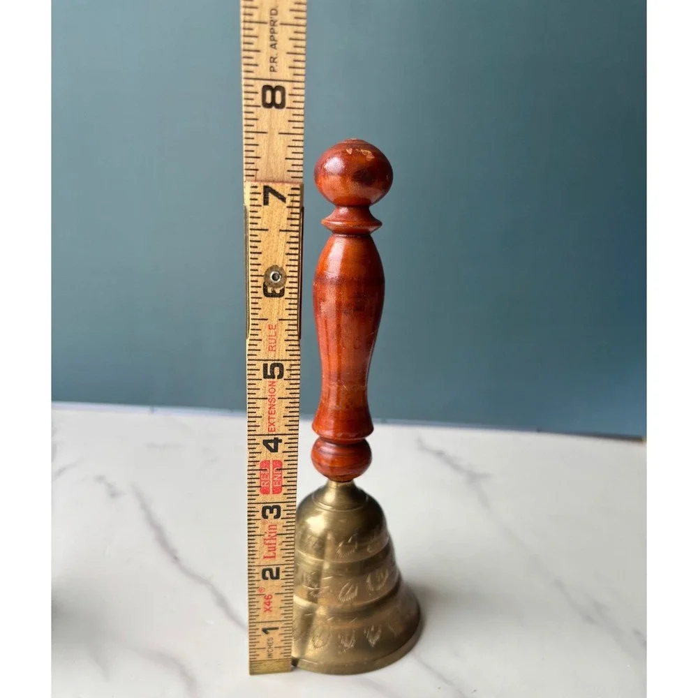 Vintage Etched Brass Hand Bell Wood Handle India Decorative Dinner Bell 7.5